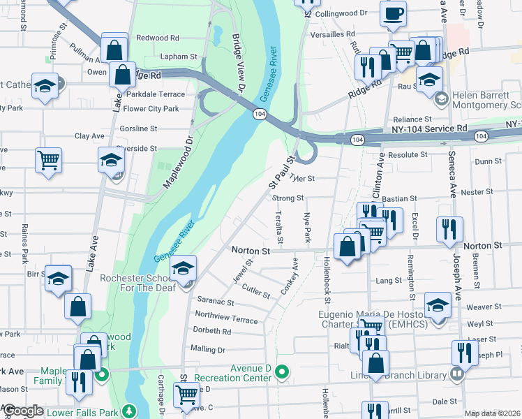 map of restaurants, bars, coffee shops, grocery stores, and more near 1760 Saint Paul Street in Rochester