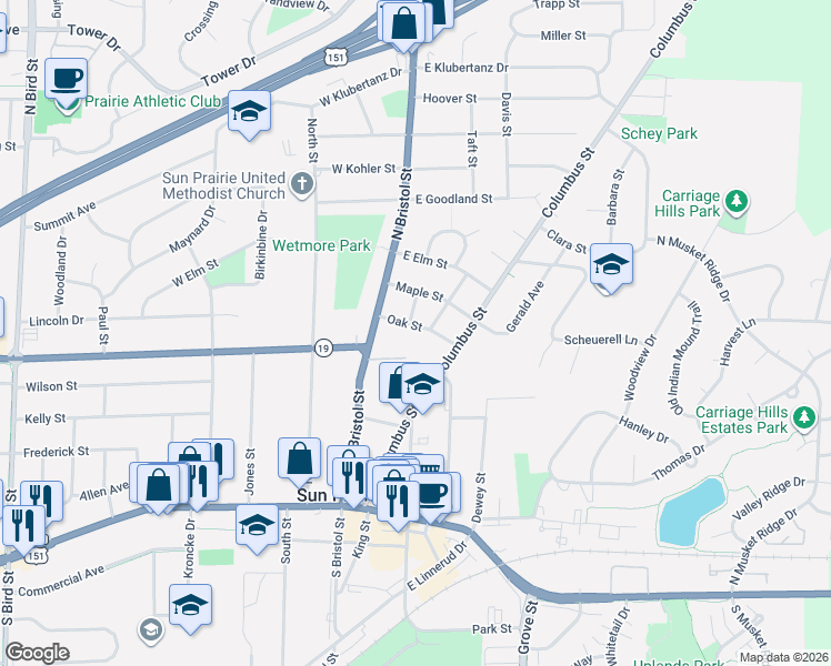 map of restaurants, bars, coffee shops, grocery stores, and more near 135 Oak Street in Sun Prairie