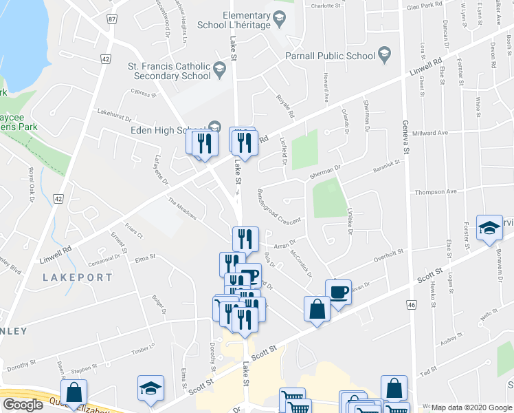 map of restaurants, bars, coffee shops, grocery stores, and more near 35 Bendingroad Crescent in Saint Catharines
