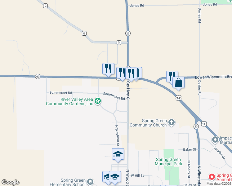 map of restaurants, bars, coffee shops, grocery stores, and more near 601 Sommerset Road in Spring Green