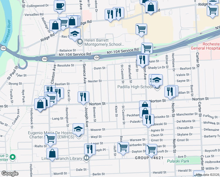 map of restaurants, bars, coffee shops, grocery stores, and more near 163 Moulson Street in Rochester