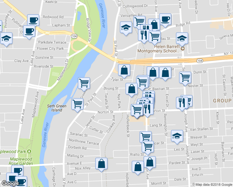 map of restaurants, bars, coffee shops, grocery stores, and more near 72 Nye Park in Rochester