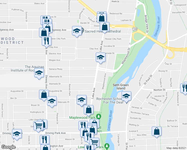 map of restaurants, bars, coffee shops, grocery stores, and more near in Rochester