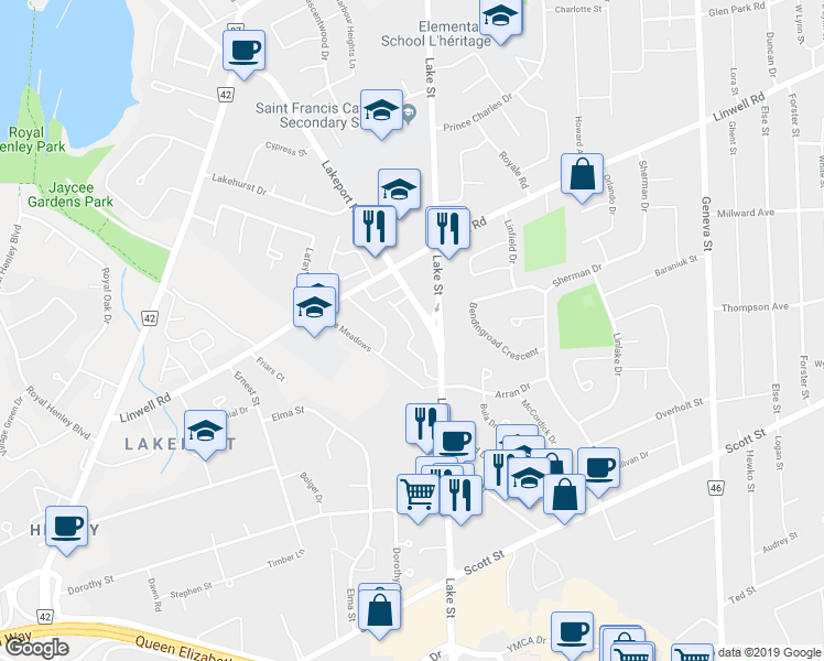 map of restaurants, bars, coffee shops, grocery stores, and more near in St. Catharines
