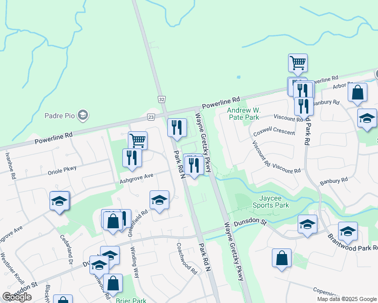 map of restaurants, bars, coffee shops, grocery stores, and more near 643 Park Road North in Brantford