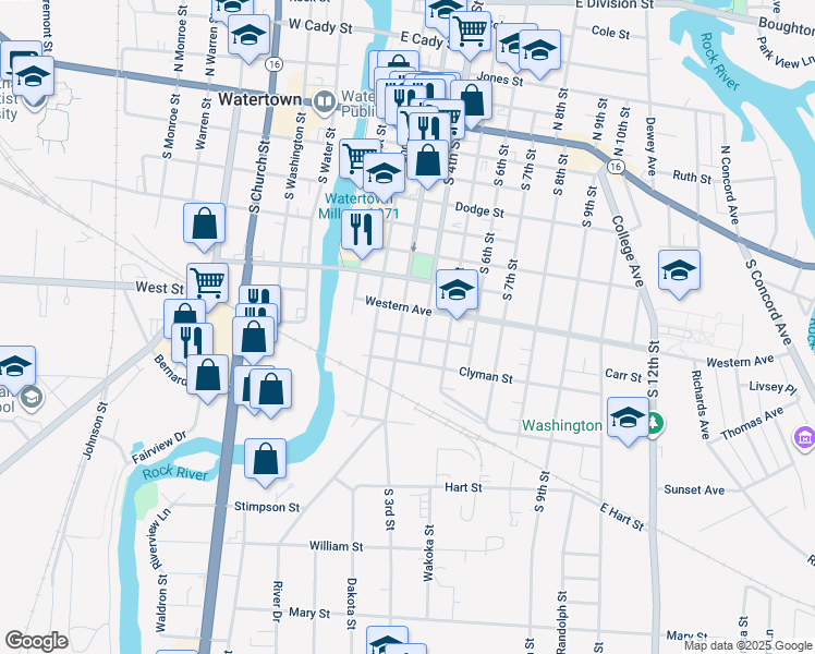 map of restaurants, bars, coffee shops, grocery stores, and more near 901 South 3rd Street in Watertown