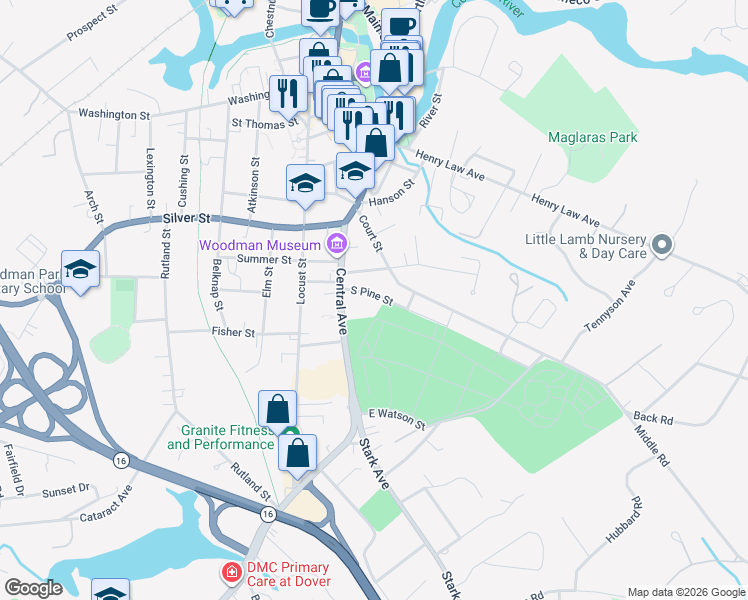 map of restaurants, bars, coffee shops, grocery stores, and more near 15 South Pine Street in Dover