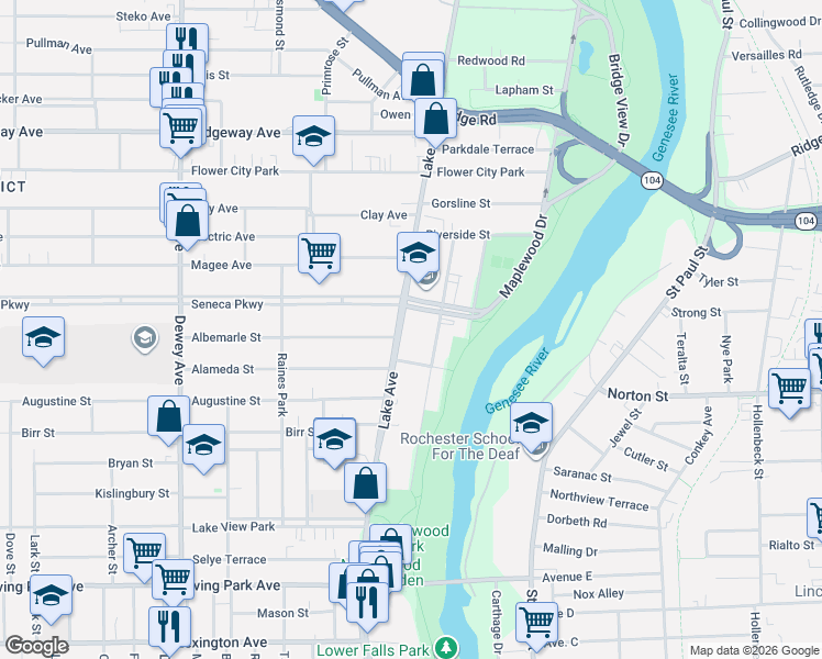 map of restaurants, bars, coffee shops, grocery stores, and more near 1220 Lake Avenue in Rochester
