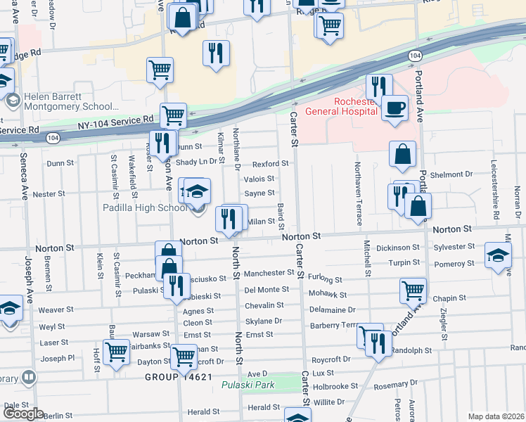 map of restaurants, bars, coffee shops, grocery stores, and more near 64 Milan Street in Rochester