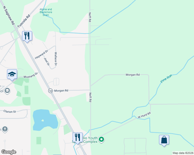 map of restaurants, bars, coffee shops, grocery stores, and more near 12364 Neff Road in Clio