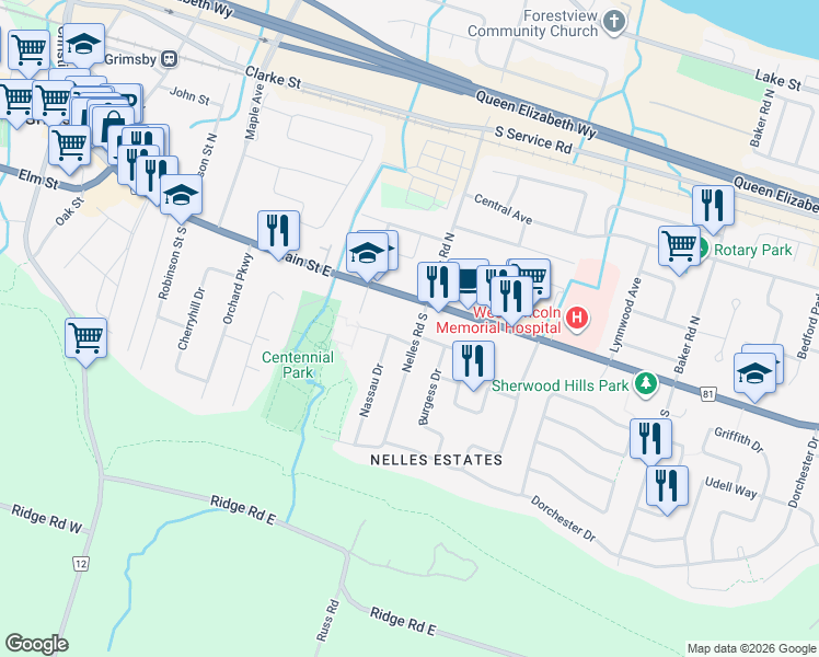 map of restaurants, bars, coffee shops, grocery stores, and more near 4 Nelles Road South in Grimsby