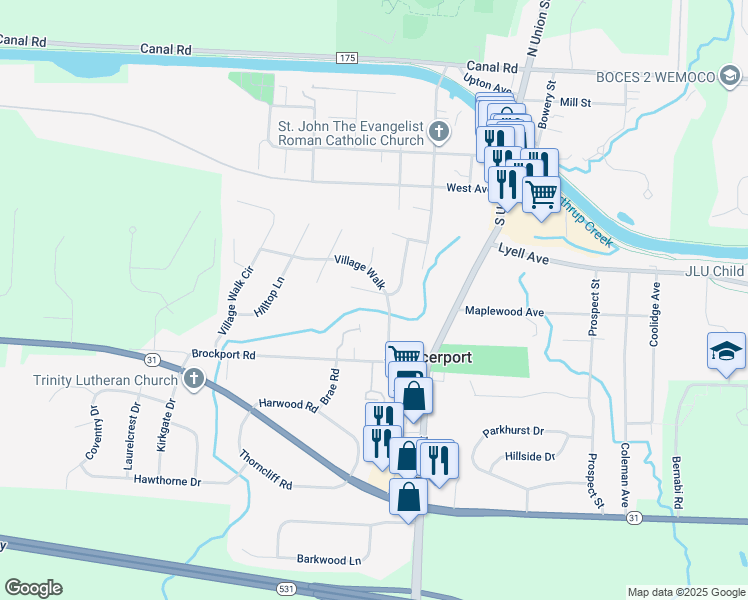 map of restaurants, bars, coffee shops, grocery stores, and more near 24 Village Trail in Spencerport
