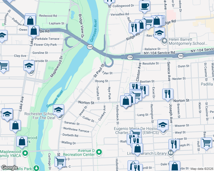 map of restaurants, bars, coffee shops, grocery stores, and more near 72 Nye Park in Rochester