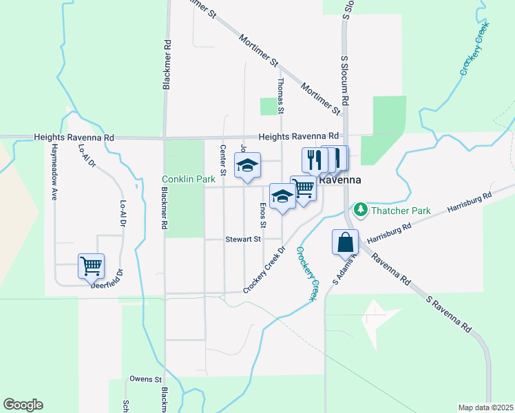 map of restaurants, bars, coffee shops, grocery stores, and more near 3590 John Street in Ravenna