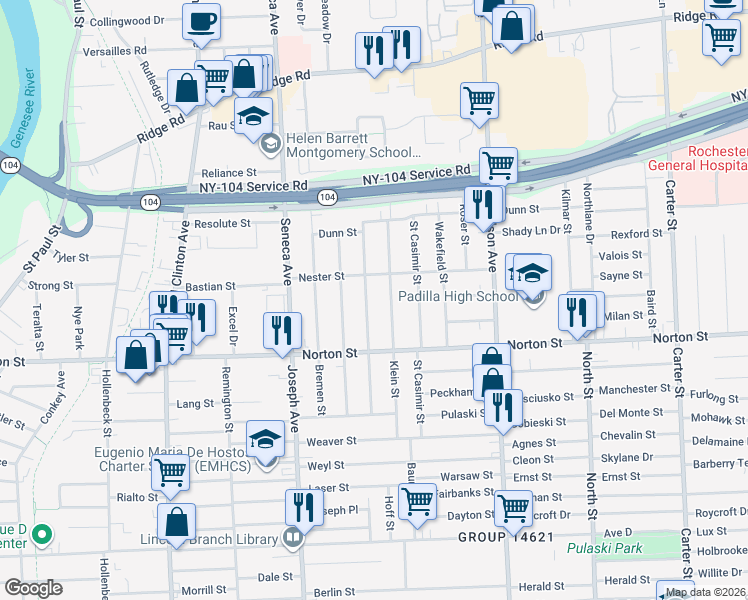 map of restaurants, bars, coffee shops, grocery stores, and more near 163 Moulson Street in Rochester