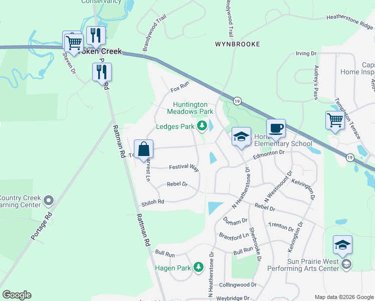 map of restaurants, bars, coffee shops, grocery stores, and more near 3717 Token Road in DeForest