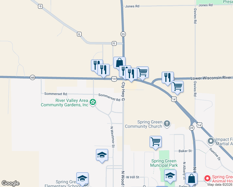 map of restaurants, bars, coffee shops, grocery stores, and more near S12523 County Road G in Spring Green