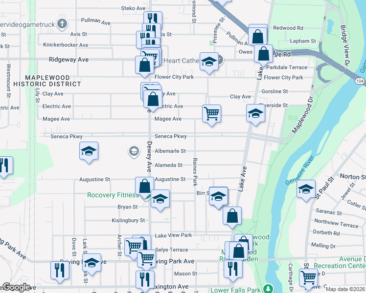 map of restaurants, bars, coffee shops, grocery stores, and more near 174 Albemarle Street in Rochester
