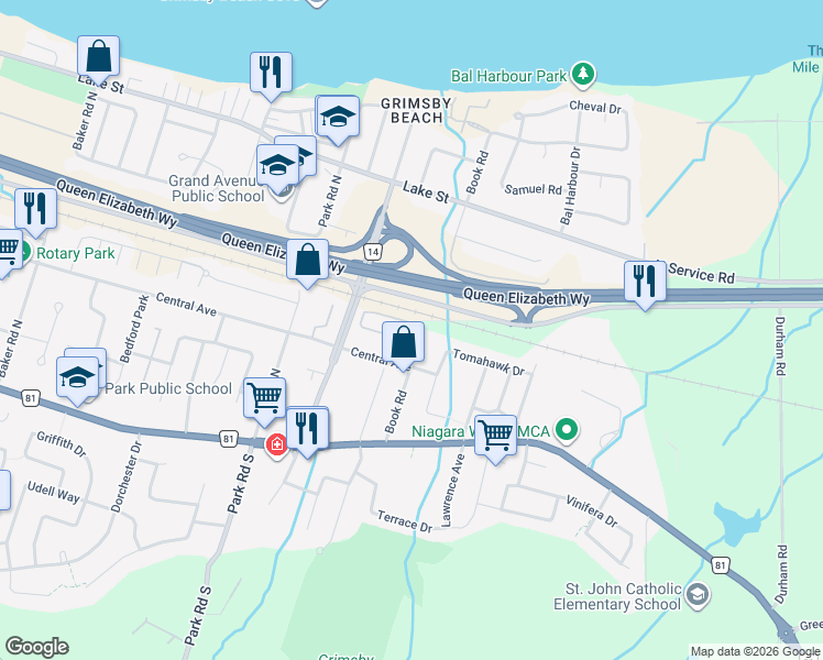 map of restaurants, bars, coffee shops, grocery stores, and more near in Grimsby