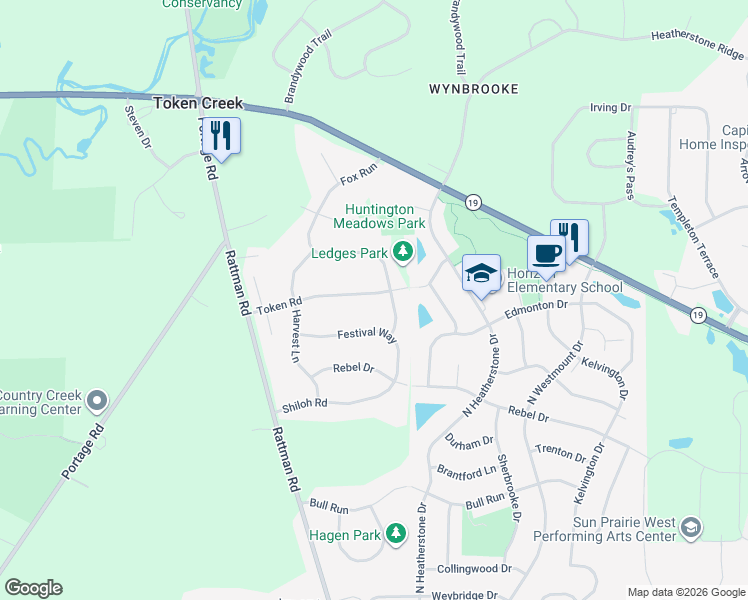 map of restaurants, bars, coffee shops, grocery stores, and more near 3717 Token Road in DeForest
