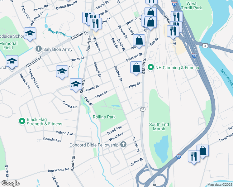 map of restaurants, bars, coffee shops, grocery stores, and more near 95 Broadway in Concord