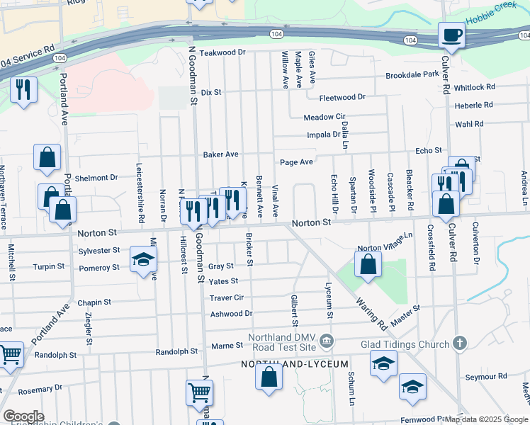 map of restaurants, bars, coffee shops, grocery stores, and more near 4 Bennett Avenue in Rochester