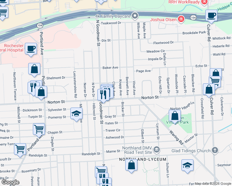 map of restaurants, bars, coffee shops, grocery stores, and more near in Rochester