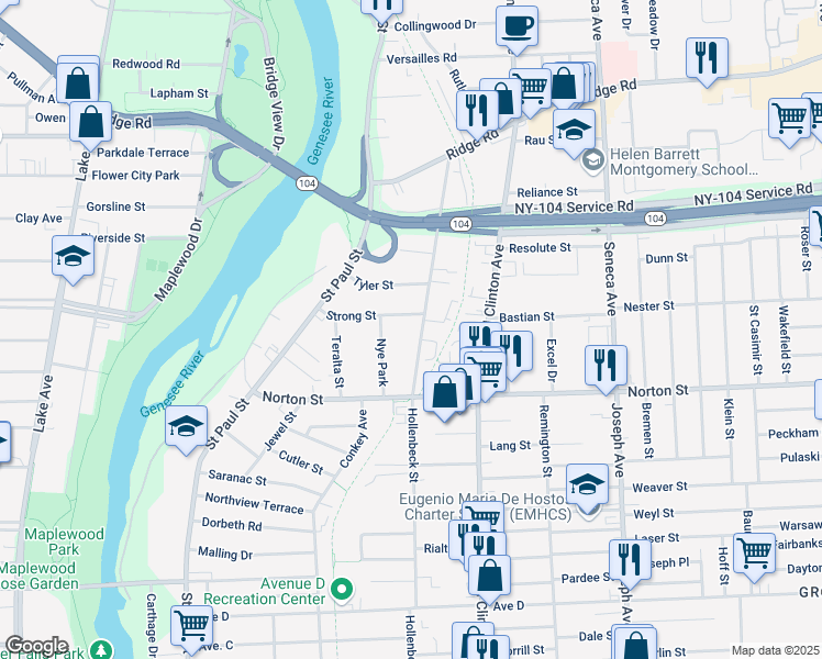 map of restaurants, bars, coffee shops, grocery stores, and more near 497 Hollenbeck Street in Rochester
