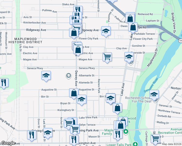 map of restaurants, bars, coffee shops, grocery stores, and more near 233 Albemarle Street in Rochester