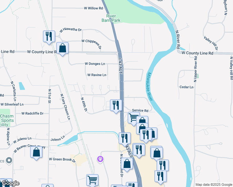 map of restaurants, bars, coffee shops, grocery stores, and more near 229 Service Road in Brown Deer