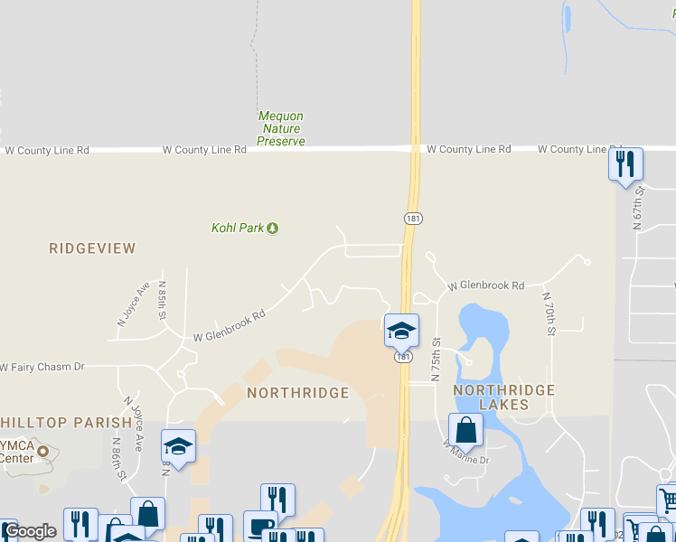 map of restaurants, bars, coffee shops, grocery stores, and more near 7901 West Glenbrook Road in Milwaukee