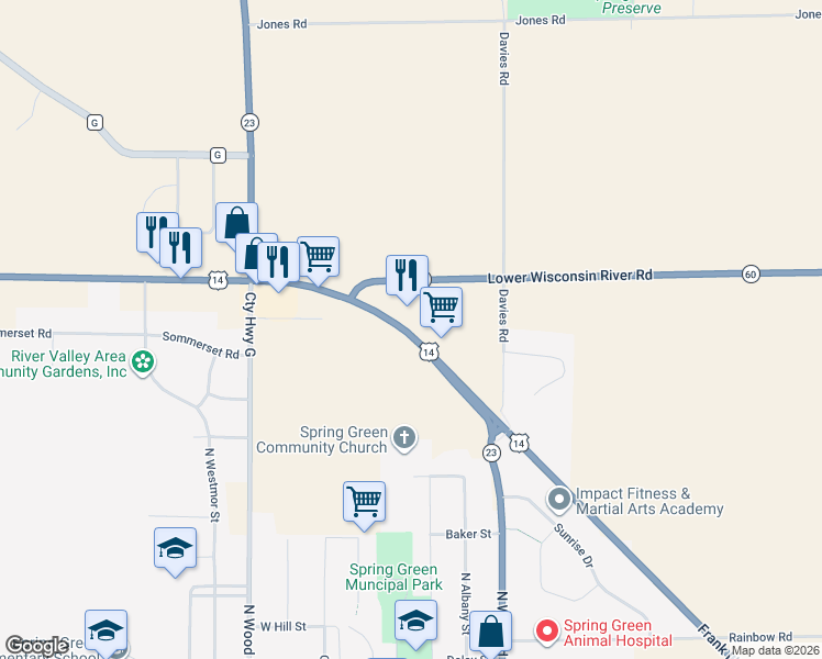 map of restaurants, bars, coffee shops, grocery stores, and more near in Spring Green