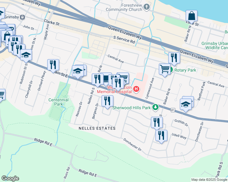 map of restaurants, bars, coffee shops, grocery stores, and more near 150 Main Street East in Grimsby