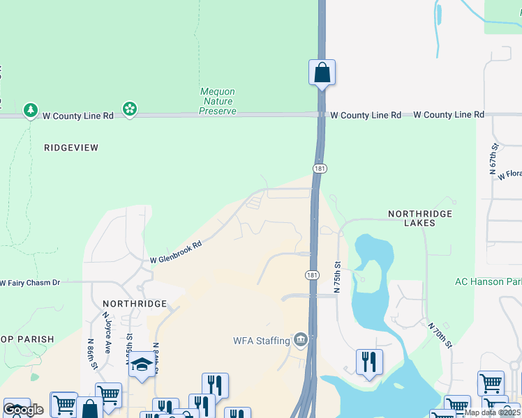 map of restaurants, bars, coffee shops, grocery stores, and more near 7901 West Glenbrook Road in Milwaukee