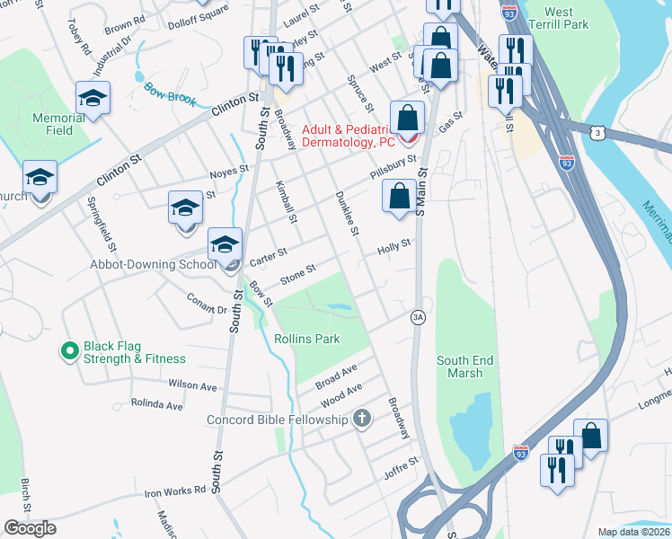 map of restaurants, bars, coffee shops, grocery stores, and more near 90 Broadway in Concord