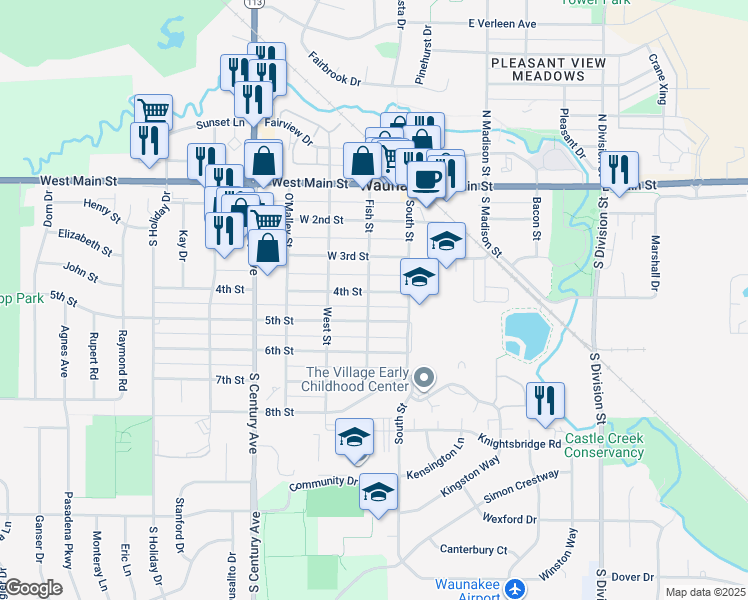 map of restaurants, bars, coffee shops, grocery stores, and more near 401 Fish Street in Waunakee