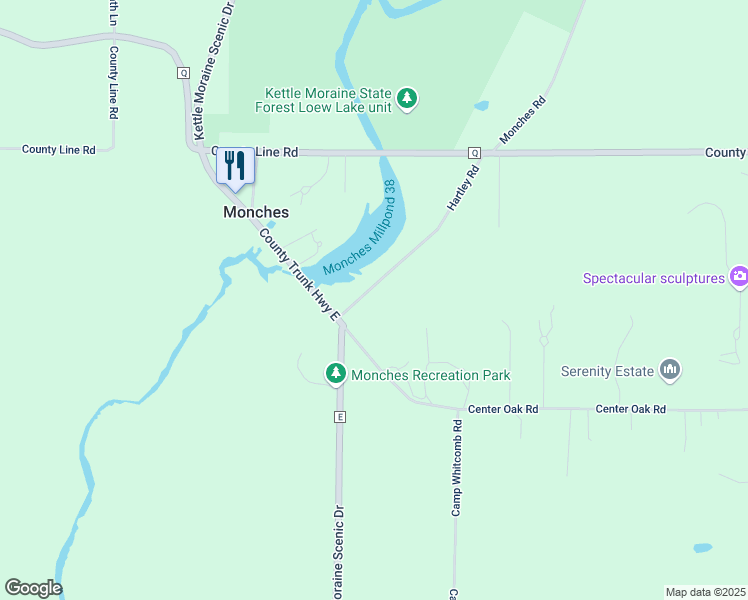 map of restaurants, bars, coffee shops, grocery stores, and more near W299N9388 Hartley Road in Hartland