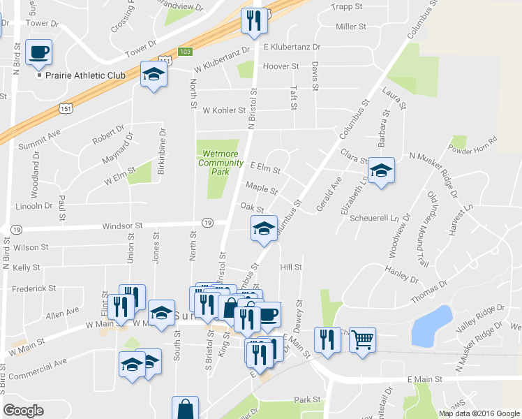 map of restaurants, bars, coffee shops, grocery stores, and more near Oak Street in Sun Prairie