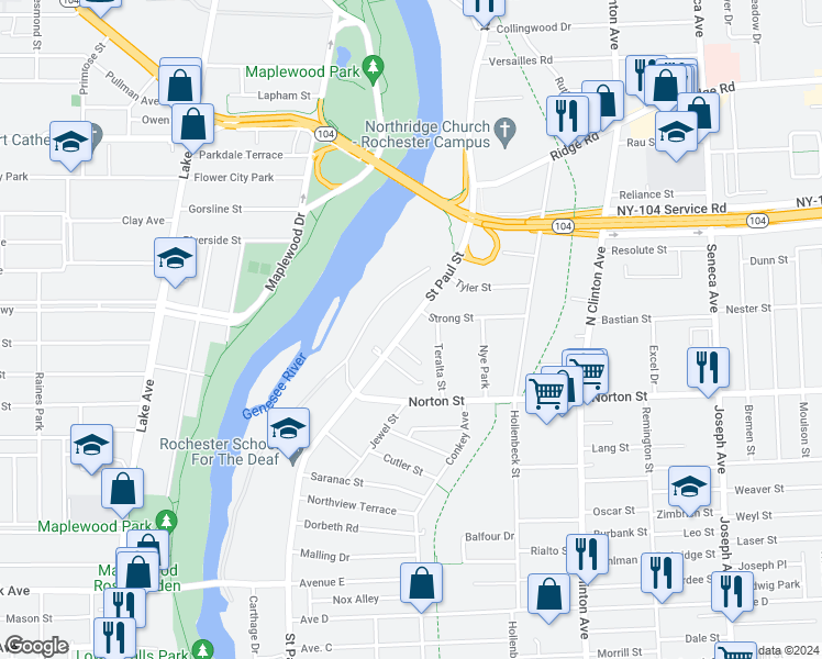 map of restaurants, bars, coffee shops, grocery stores, and more near 1780 Saint Paul Street in Rochester