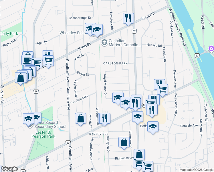 map of restaurants, bars, coffee shops, grocery stores, and more near 34 Royal Manor Drive in St. Catharines