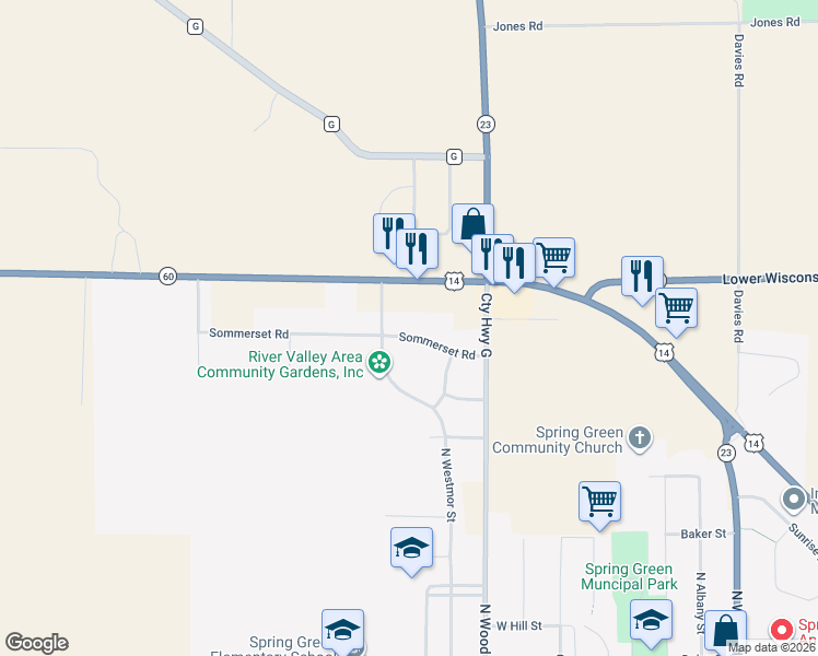map of restaurants, bars, coffee shops, grocery stores, and more near 601 Sommerset Road in Spring Green