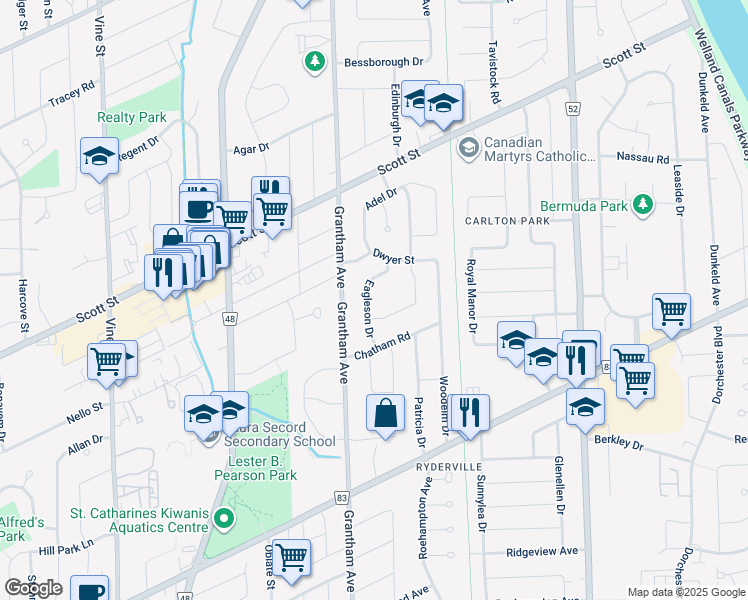 map of restaurants, bars, coffee shops, grocery stores, and more near 18 Eagleson Drive in St. Catharines