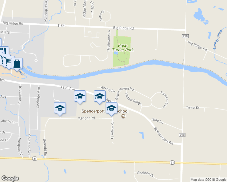 map of restaurants, bars, coffee shops, grocery stores, and more near 1 Hickory Lane in Spencerport