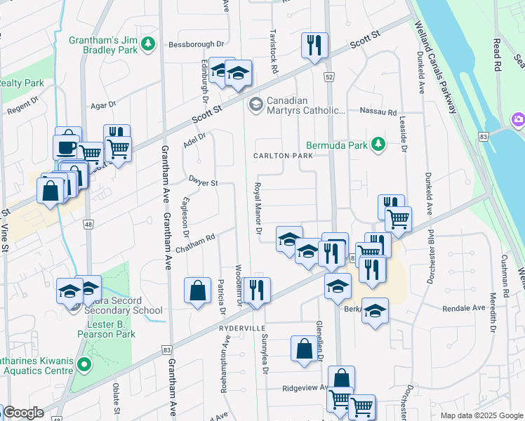 map of restaurants, bars, coffee shops, grocery stores, and more near 34 Royal Manor Drive in St. Catharines