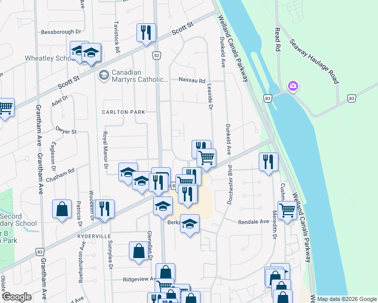 map of restaurants, bars, coffee shops, grocery stores, and more near 3 Leaside Drive in St. Catharines