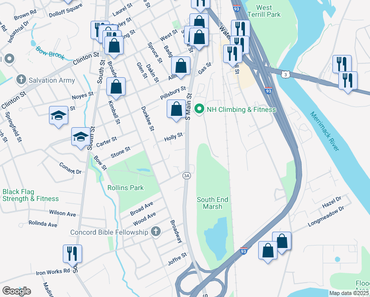 map of restaurants, bars, coffee shops, grocery stores, and more near 315 South Main Street in Concord