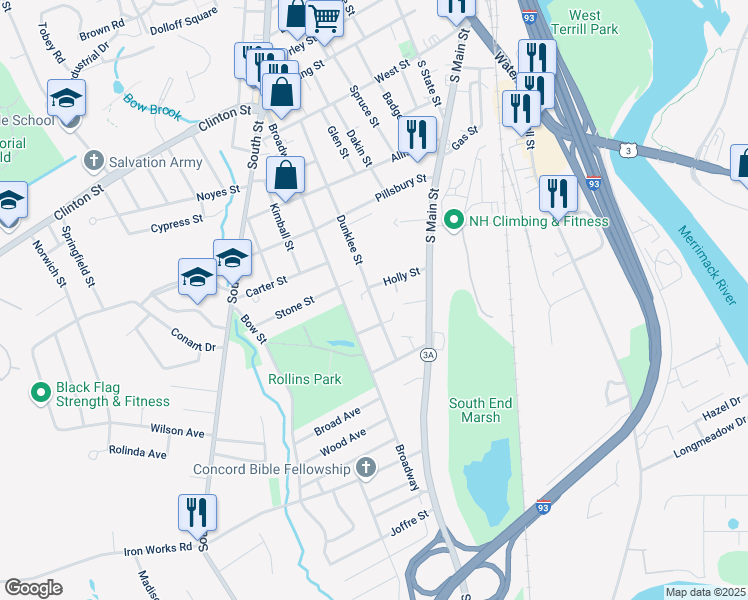 map of restaurants, bars, coffee shops, grocery stores, and more near 95 Broadway in Concord