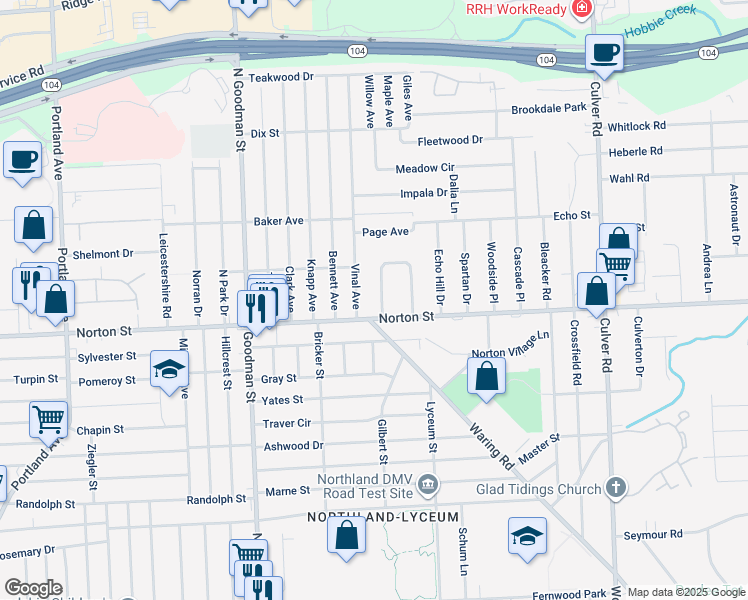 map of restaurants, bars, coffee shops, grocery stores, and more near 1896 Norton Street in Rochester