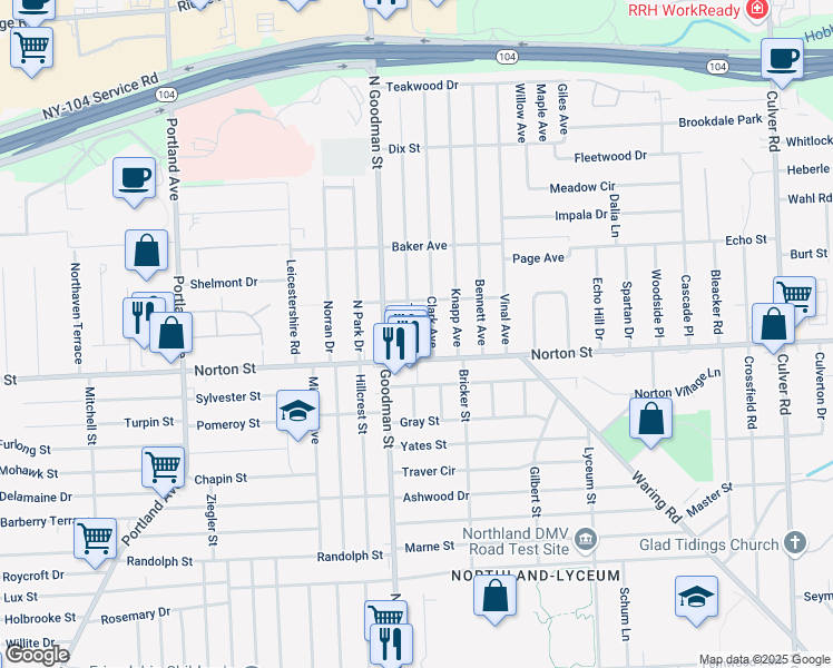 map of restaurants, bars, coffee shops, grocery stores, and more near 16 Taft Avenue in Rochester