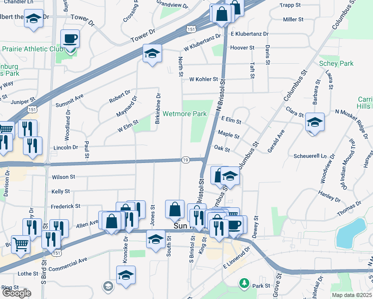 map of restaurants, bars, coffee shops, grocery stores, and more near 134 Windsor Street in Sun Prairie